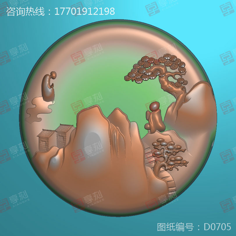 山水翡翠玉石吊坠精雕图