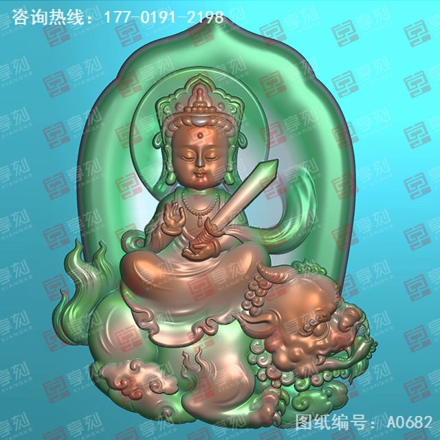 Q版八大守护神文殊菩萨玉雕图纸_五轴雕刻机厂家