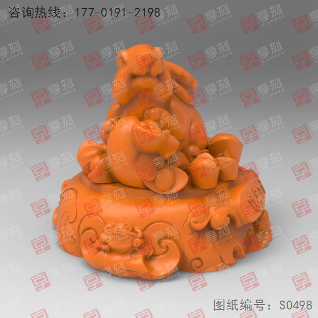 聚宝盆寓如意兔工艺品3d模型图stl_享刻五轴雕刻机